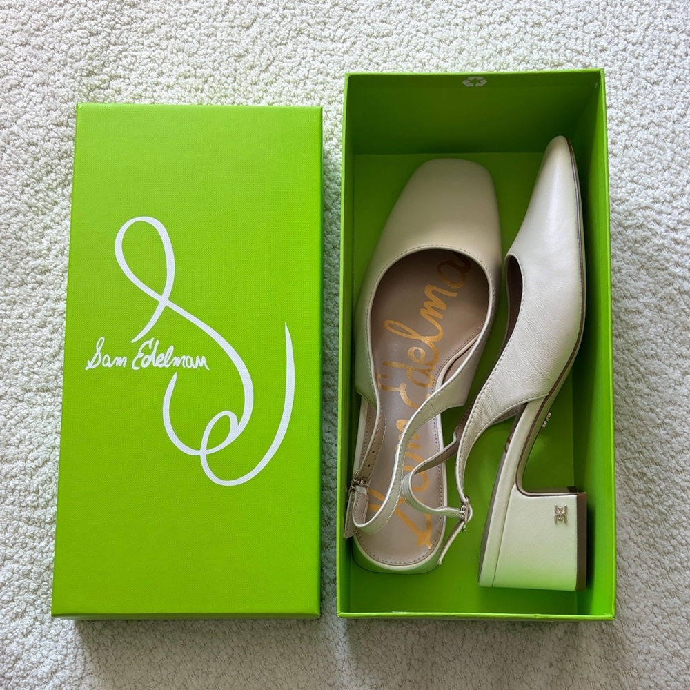 Sam Edelman Cream Leather Slingback Block Heel Mules